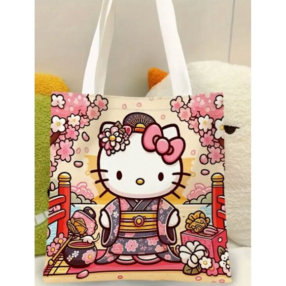 Hello Kitty Canvas Shoulder Bag – Cherry Blossoms Print Tote for Shopping, Work - Picture 1 of 3
